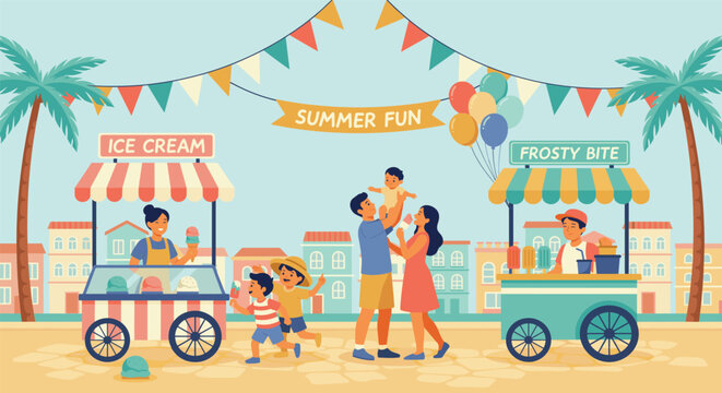 Summer fun fair with ice cream and frosty bite food stalls