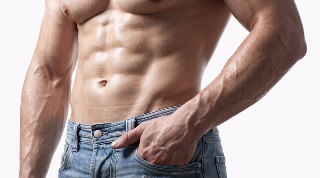 Muscular Male Torso with Defined Abdominals and Veins Wearing Blue Jeans