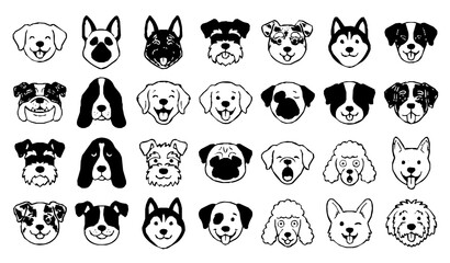 Fototapeta premium Funny dog face doodle vector set with cute hand drawn puppy outline icons