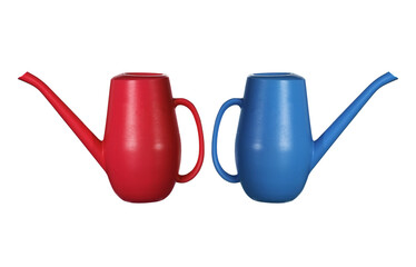 Two watering cans red and blue standing side by side isolated on transparent background © bdstockfile