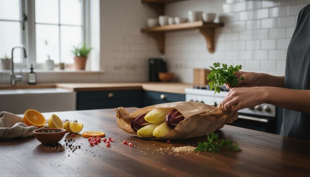 Couple preparing fresh endive salad in modern kitchen