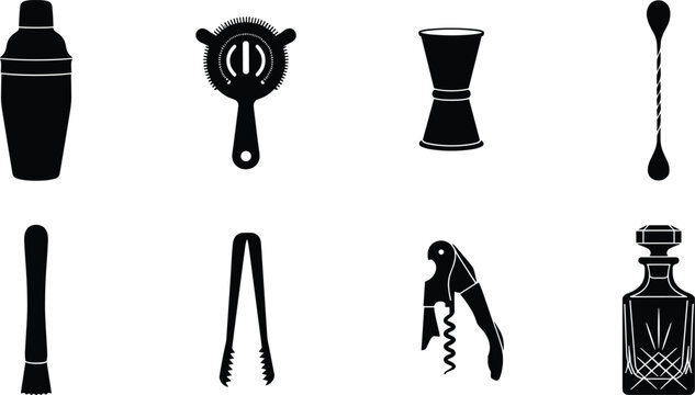 Black and white professional bartending and mixology tool icon set featuring shaker strainer jigger and decanter