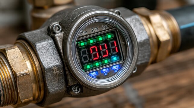Close-up of a water meter with digital display, showcasing industrial technology and precise measurement of water consumption