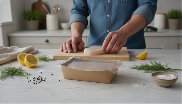 Couple preparing fresh swordfish steak in home kitchen