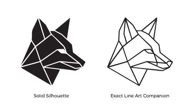 fox head black vector silhouette with line art pair icon featuring geometric, animal