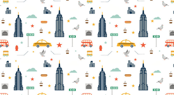 New york city seamless pattern with skyscrapers, taxis, and urban elements