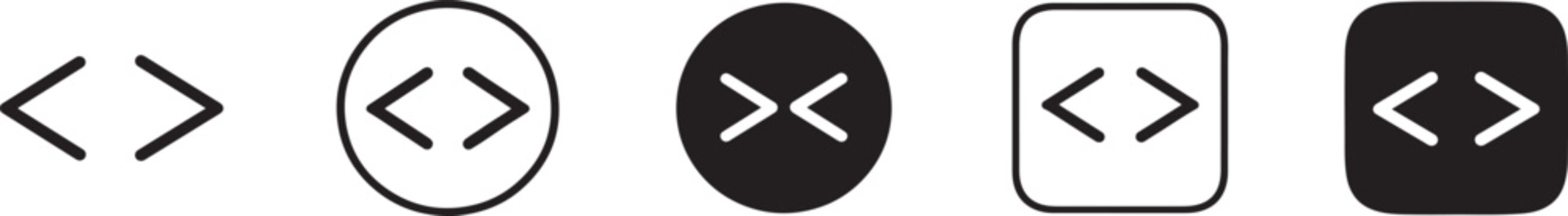 Code brackets icon set in outline, solid, circle and square styles for coding, web and app interfaces.