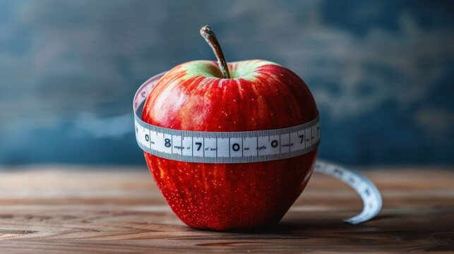 Red apple wrapped with white measuring tape symbolizing healthy eating diet control weight loss and portion size on a wooden surface with healthy food presentation around wooden table healthy choice