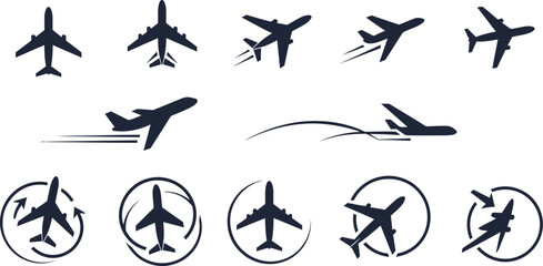 Fototapeta premium Airplane flight travel vector icon set for aviation and tourism
