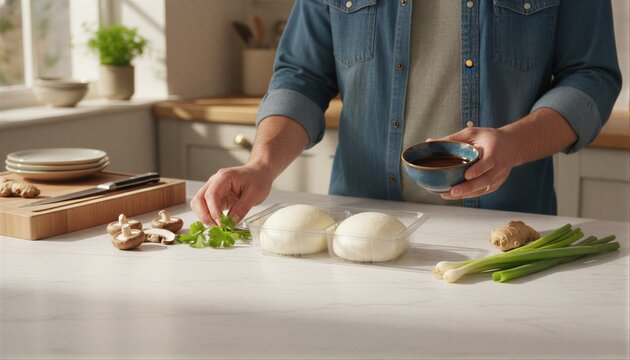 Couple preparing steamed mushroom bao buns in a bright kitchen