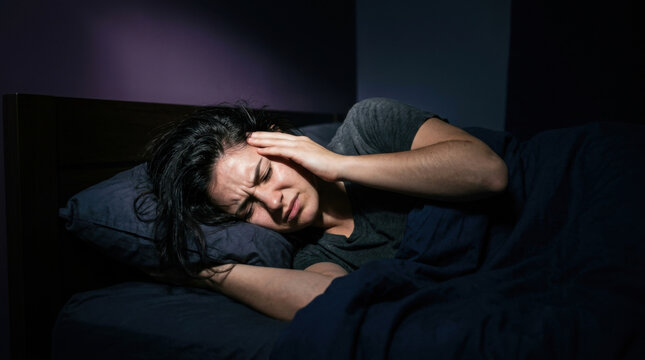 Woman Experiencing Migraine Pain While Lying In Dark Bedroom