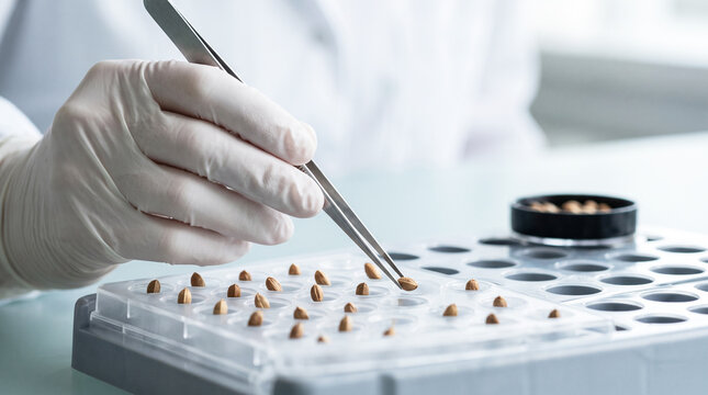Laboratory worker using tweezers to sort seeds in tray