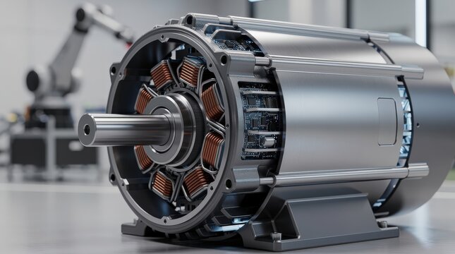 A close-up of an electric motor showcasing its rotor and stator components in a modern industrial setting.