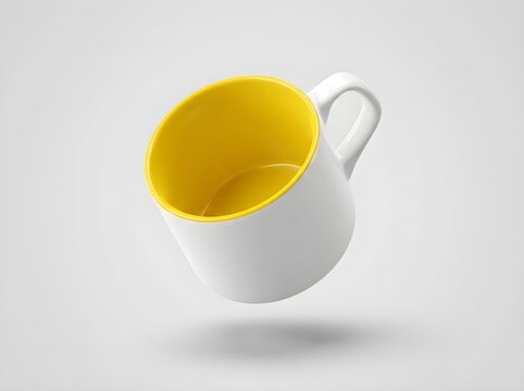 White ceramic mug with bright yellow interior floating against a plain light grey background for professional product design mockups