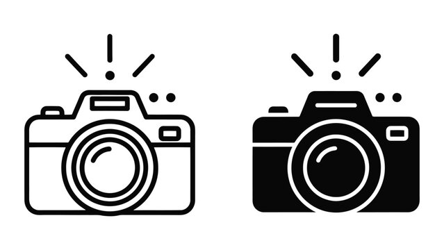 Capturing images with a digital camera icon set in minimalist outline and solid black style