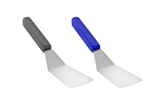 Two metal spatulas with blue handle on kitchen tool set isolated on transparent background