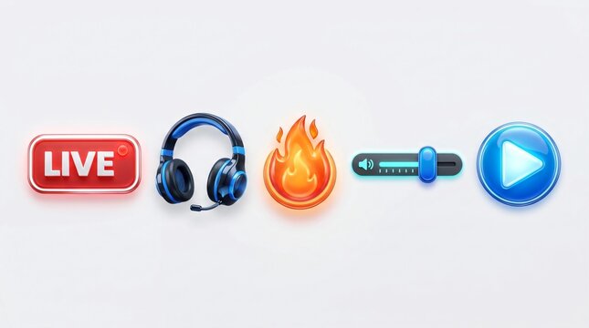 Digital set of 3D media icons featuring a live button headphones flame graphic volume slider and play button for streaming interface design