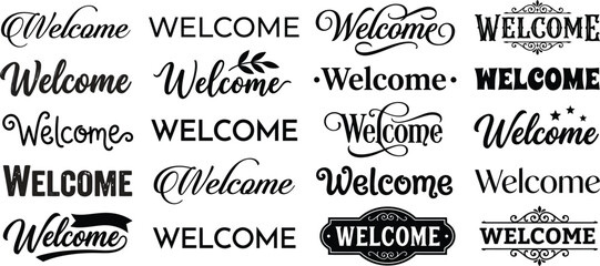 Black and white of scattered "welcome" text in various fonts and sizes scattered text typography font styles © Abdul