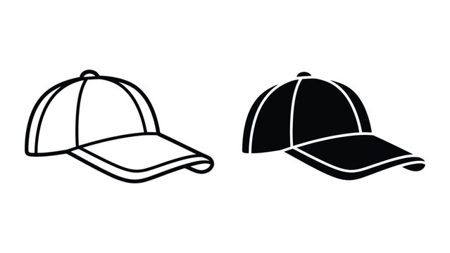 Flat Line Art Baseball Caps with Visors in Minimalist Black and White Outline Style