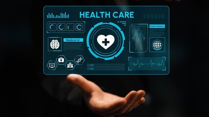 Fototapeta premium Futuristic Healthcare Technology Interface with Data Visualizations and Health Monitoring Features for Medical Professionals and Patients. Entropy.