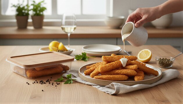 Drizzling sauce over golden fish goujons at lunch