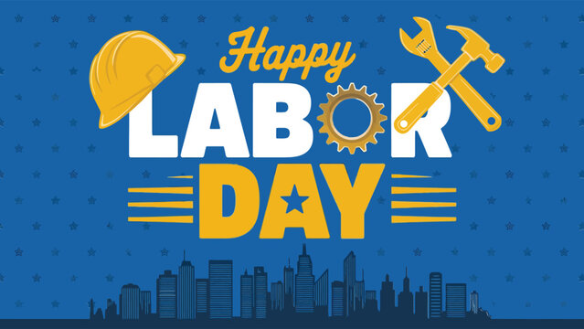 Graphic illustration celebrating labor day with silhouette city skyline against blue background