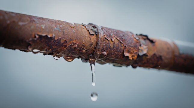 A close-up of a rusted metal pipe with peeling paint and water dripping from it against a blurred background.