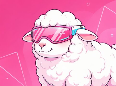 A fluffy white sheep wearing trendy pink and blue sunglasses with a confident smile against a vibrant pink geometric background.