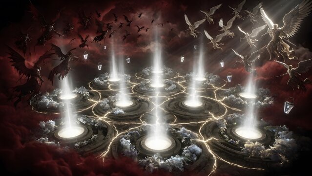 Subject: a cosmic clash between Lucifer's rebellious army of fallen angels and Archangel Michael surrounding sacred wells from which heavenly light continuously emerges, Environment: endless luminous 