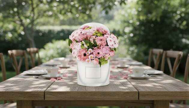 Floral white box with label on garden tea party table