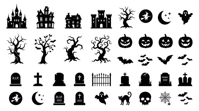 Set of halloween themed black silhouette icons including haunted houses