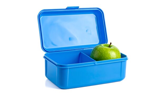 Blue plastic container with green apple on top.