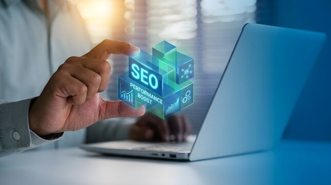 SEO performance boost concept shown by a professional businessman interacting with a glowing digital holographic interface near his laptop computer