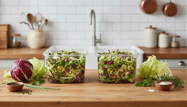 Fresh chicory and endive salad mix on a rustic table