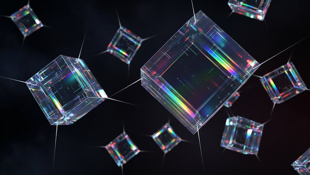 3D render featuring basic geometric shapes with reflective metal surfaces and cubes ideal for abstract or technology themed backgrounds