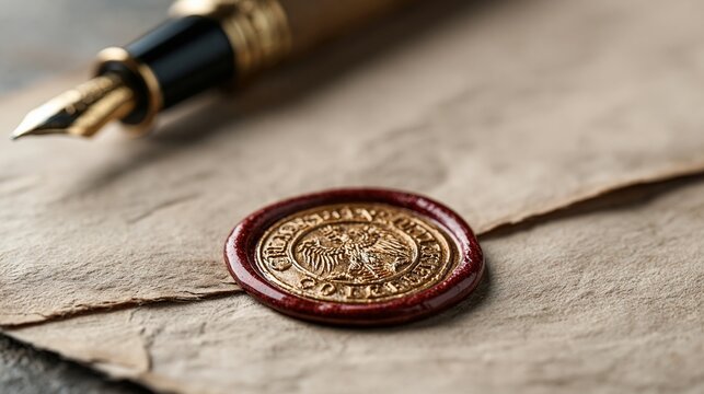 Antique quill pen and ornate wax seal on aged parchment, representing history, legacy, and formal documentation with classic elegance.