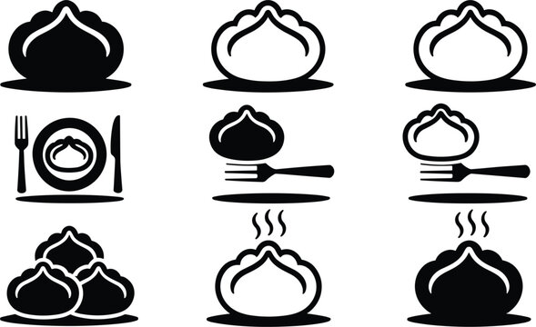 Dim sum and baozi dumpling icon set vector illustration featuring hot steamed buns with forks plates and knives