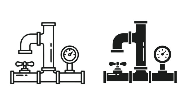 Industrial Pipe System Icons with Pressure Gauge and Valve in Minimalist Vector Style