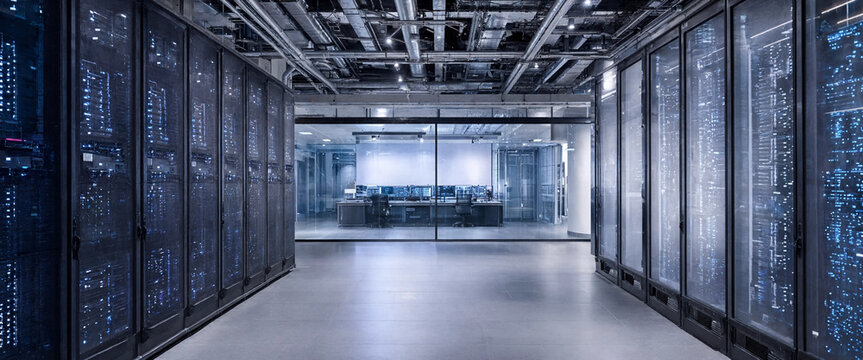 Modern server room with illuminated equipment racks and view into a glass enclosed technical monitoring office server farm datacenter technology infrastructure computing hardware