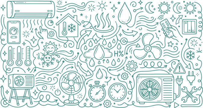 Air conditioning system doodle pattern with climate control icons conditioning temperature ventilation technology environment maintenance thermostat humidity efficiency background