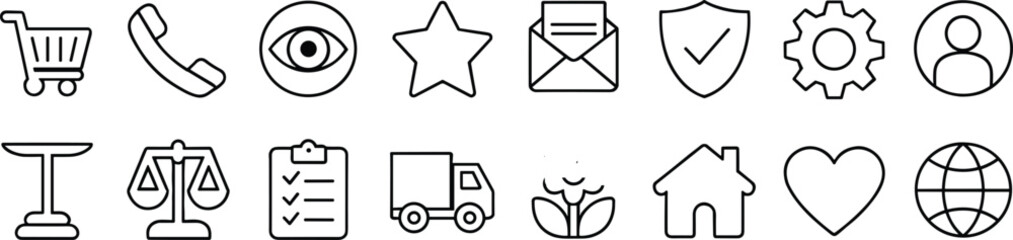E commerce and business website interface line icon set featuring shopping cart telephone eye star letter shield avatar symbols © MSTAKLIMA