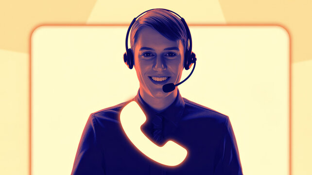 Friendly phone support hotline icon with smiling operator silhouette