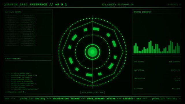 Quantum Grid Interface Traffic Telemetry Dashboard Animation.