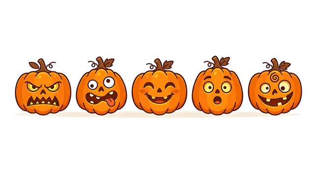 Set of five cartoon halloween pumpkins with different funny and scary, halloween