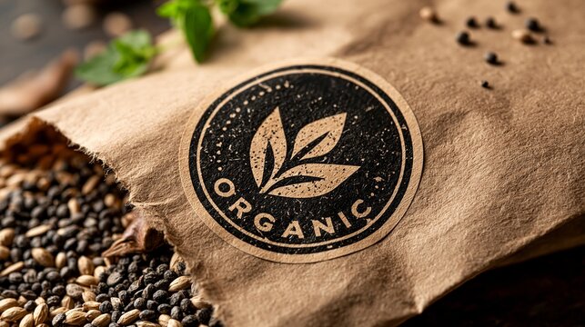 Close-up of an organic label on rustic brown paper with peppercorns and fresh green herbs, showcasing natural food branding