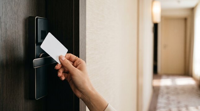 Close up lifestyle view of hand bringing plain completely blank matte white electronic card key close to modern minimalist black smart door lock handle hotel corridor wall background layout
