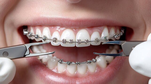 Close-up of a dental professional adjusting orthodontic braces on teeth using specialized metal pliers and white gloves