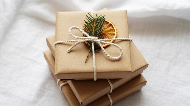 Minimal Scandinavian gift box stack with kraft paper and pine sprig