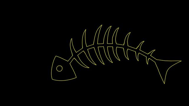 Glowing neon line Fish skeleton icon isolated on black background. Fish bone sign. 4K Video motion graphic animation.