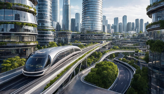 Futuristic city landscape with a sleek monorail train traveling on elevated tracks between glass skyscrapers and lush green vertical gardens